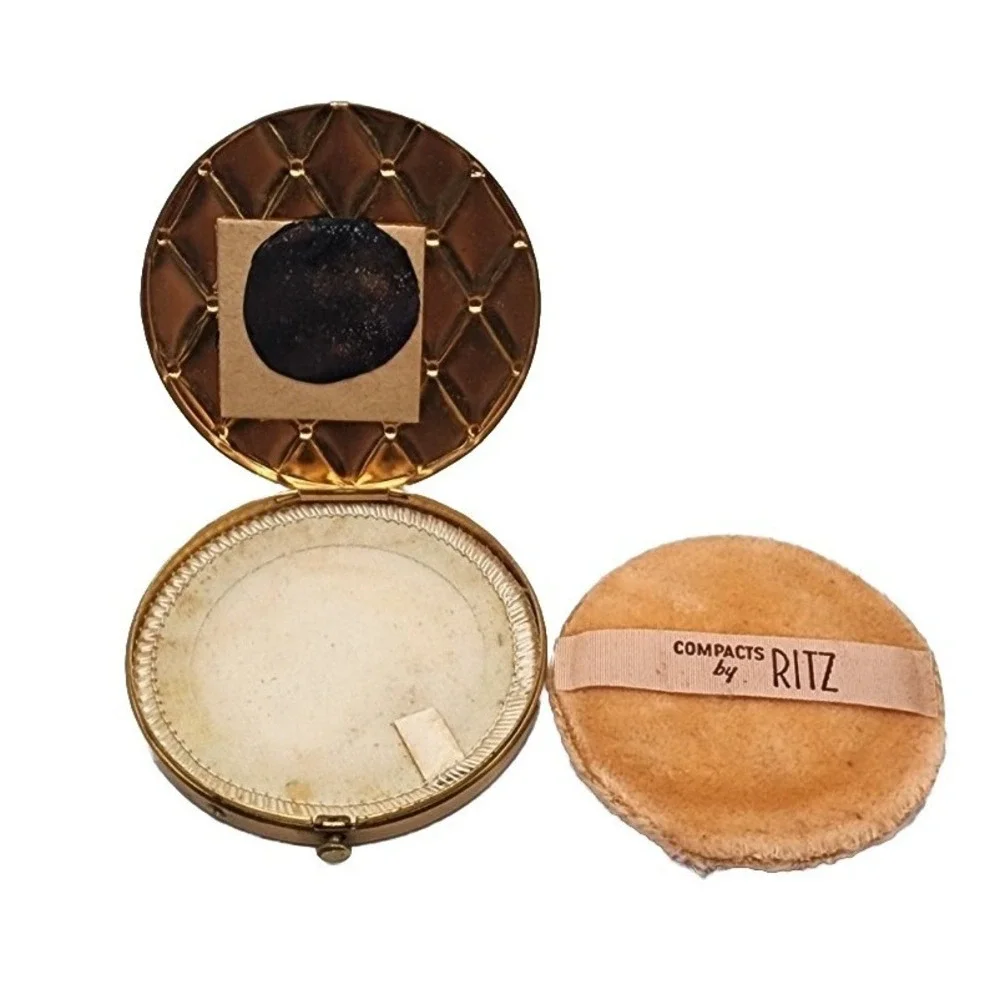 Vintage Compacts By Ritz Gold Tone Quilted Detail Circular Pressed Powder Tin